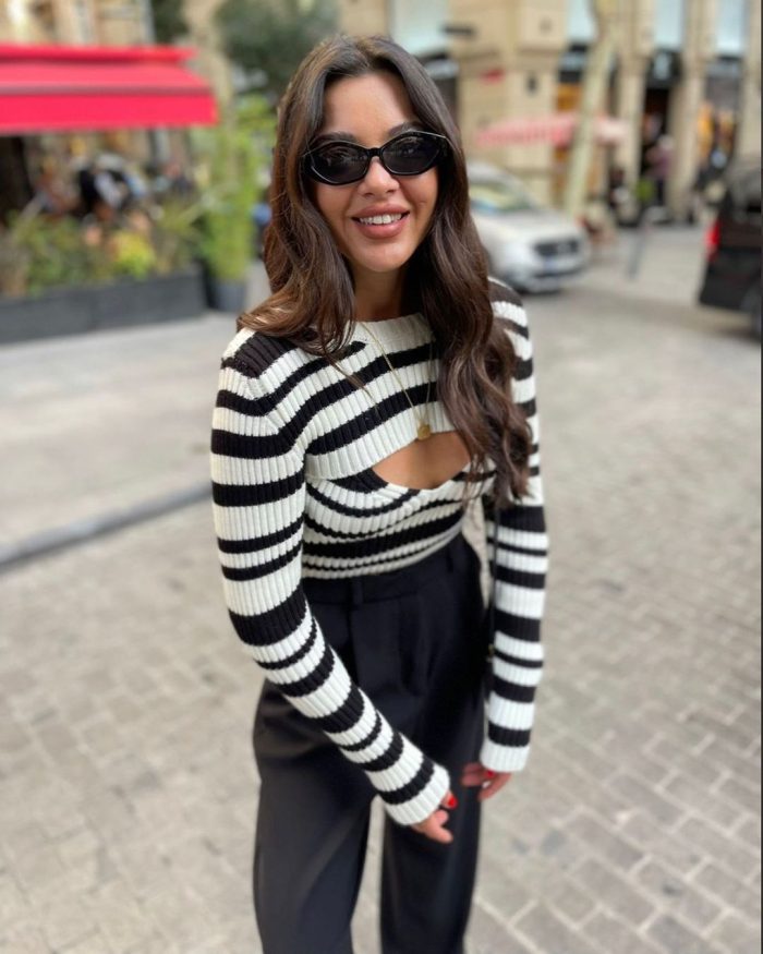 Çizgili Crop Bluz Takım Siyah-Beyaz