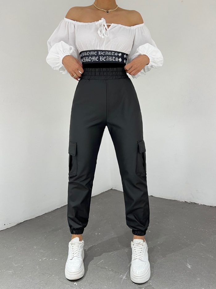Siyah Kargo Cepli Mat Deri Jogger Kadın Pantolonn