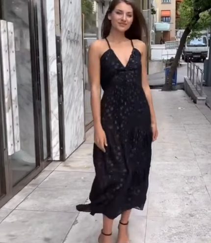 Siyah Simli Şifon Uzun Elbise