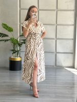 Desenli Önden Dügmeli Kuşaklı Elbise