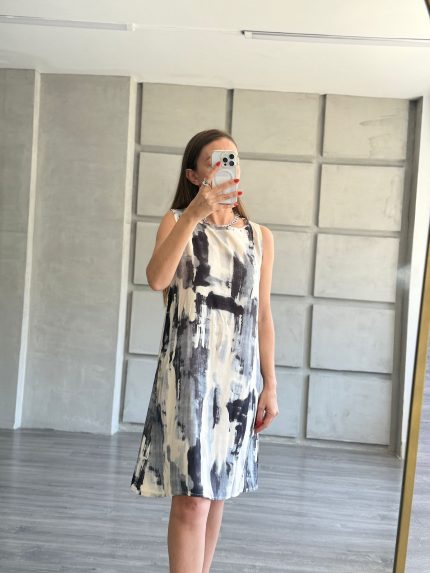 Batik Gri Desenli A Form Dokuma Viskon Mini Elbise